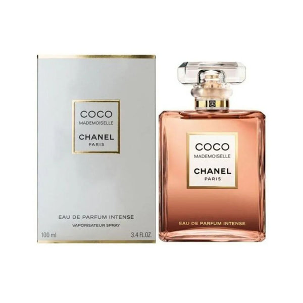 Chanel Coco Mademoiselle Eau De Parfum bottle with pink liquid visible inside, labeled with the product name and brand.