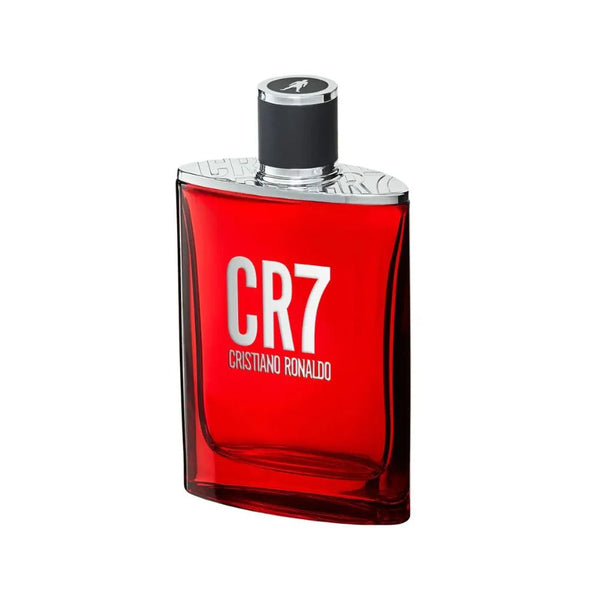 Red perfume bottle with 'CR7' branding on a white background