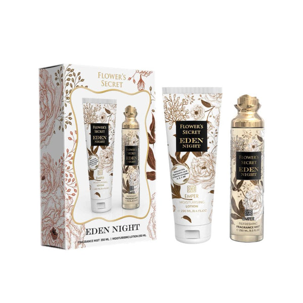 Flower's Secret Eden Night skincare set with lotion and serum on a white background