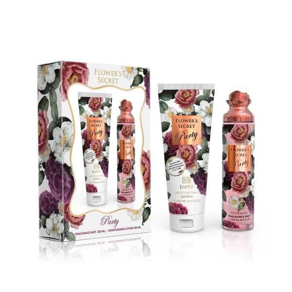 Flowers Secret Party product set including lotion, spray, and packaging on a white background