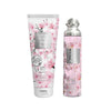 Two cosmetic products with cherry blossom design on a white background