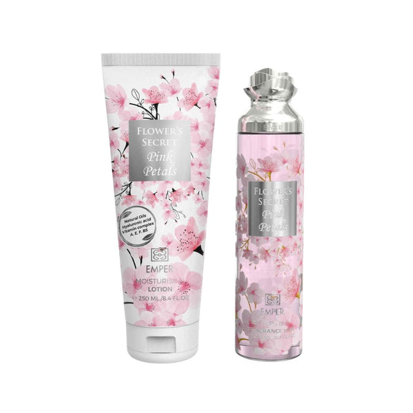 Two cosmetic products with cherry blossom design on a white background