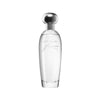 Clear perfume bottle with silver cap on a white background