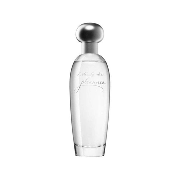 Clear perfume bottle with silver cap on a white background