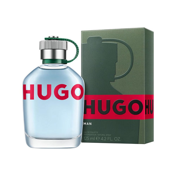 Hugo Boss perfume bottle and packaging on a white background