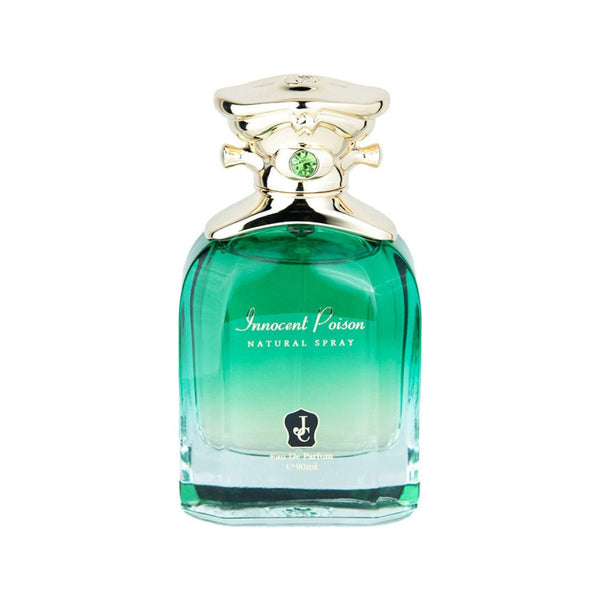 Green perfume bottle labeled 'Innocent Poison' on a white background