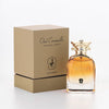 Oud Caramello natural spray perfume bottle and packaging on a white background