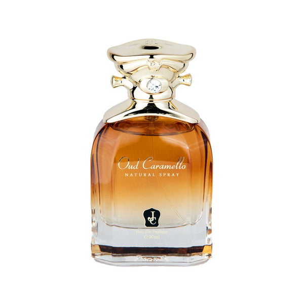 Perfume bottle labeled 'Oud Caramello' with a gold cap on a white background