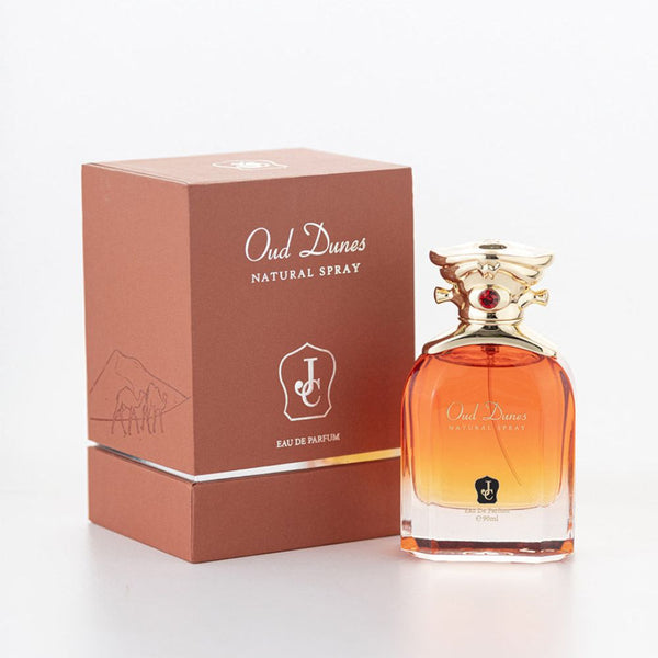 Oud Dunes perfume bottle and packaging on a white background