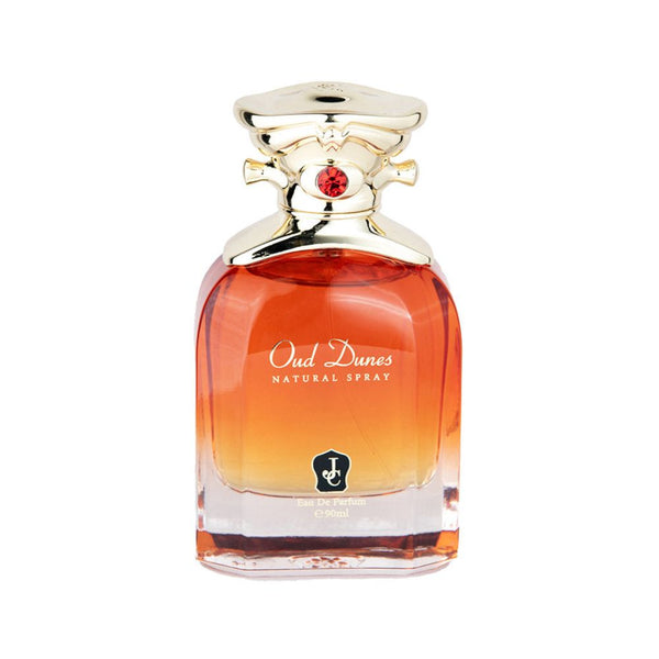 Perfume bottle labeled 'Oud Dunes' with a gold cap on a white background