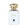 Perfume bottle with gold cap and white body on a white background