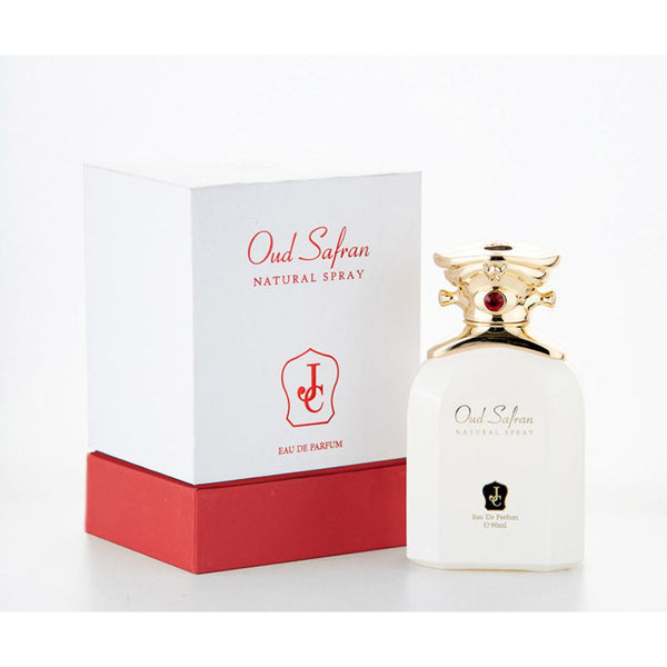 Oud Safran perfume bottle and packaging on a white background