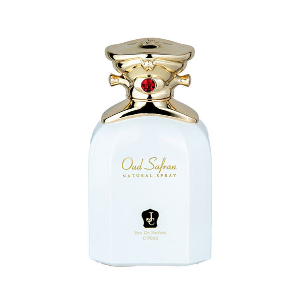 Perfume bottle with gold cap and white body on a white background