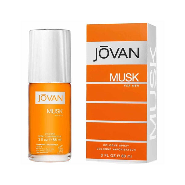 Jovan Musk cologne bottle and packaging on a white background