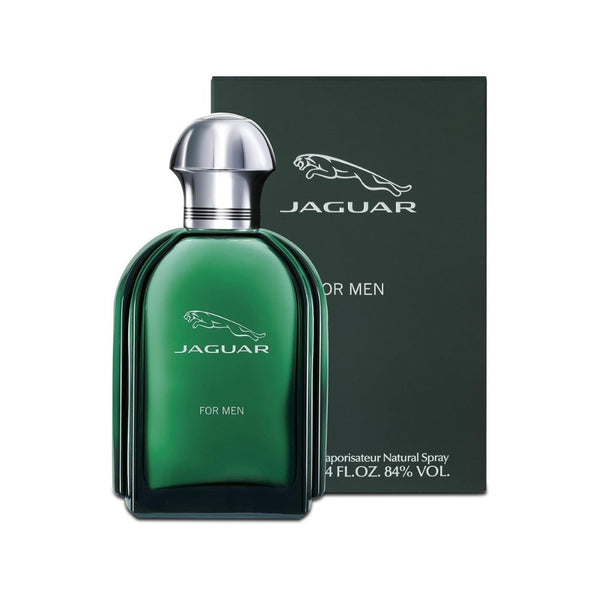 Jaguar green perfume bottle with packaging on a white background