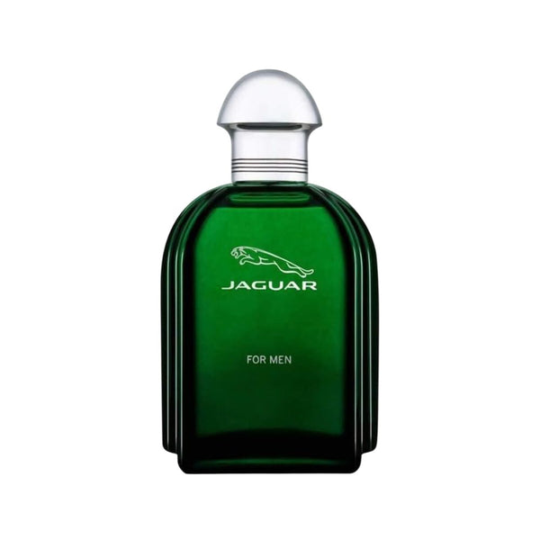 Green Jaguar perfume bottle on a white background
