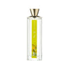 Perfume bottle with a gold cap and clear body featuring a yellow label with floral design on a white background.