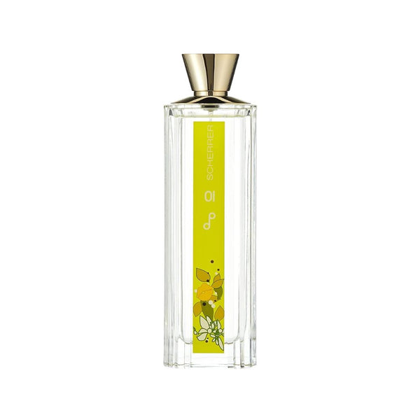 Perfume bottle with a gold cap and clear body featuring a yellow label with floral design on a white background.