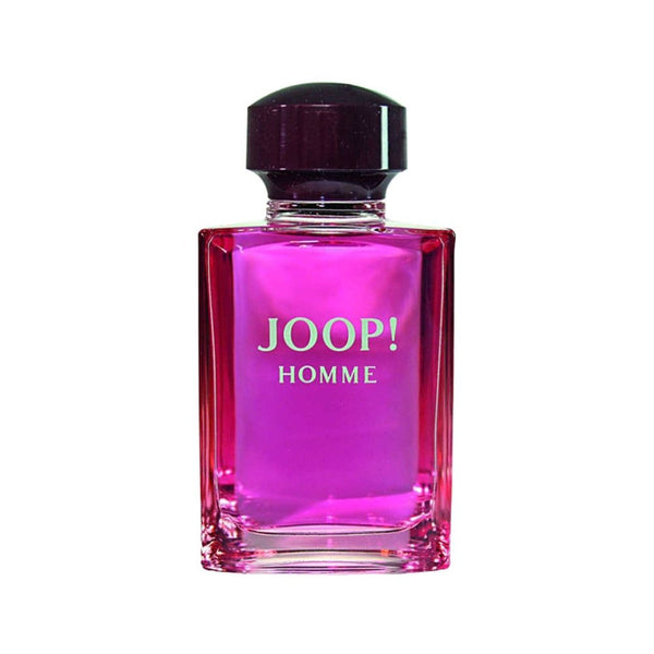 Joop! Homme perfume bottle with pink body and black cap on a white background