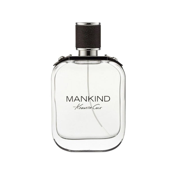 Clear perfume bottle labeled 'MANKIND' with black cap on a white background