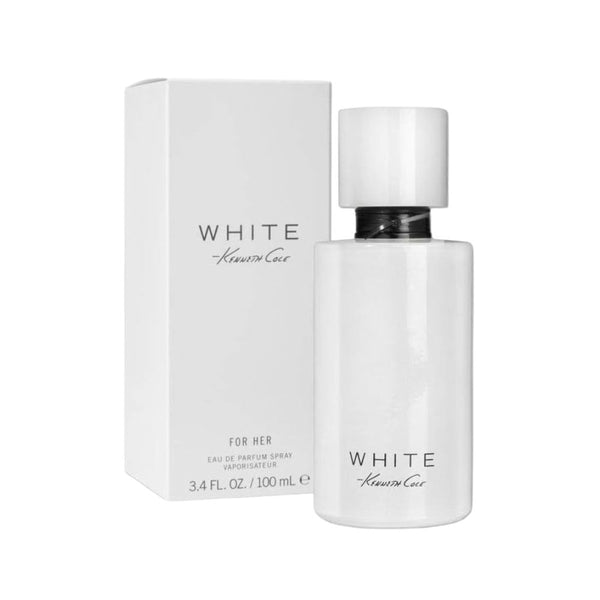 White perfume bottle and packaging on a white background