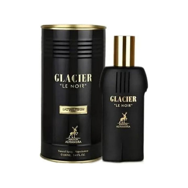 Glacier Le Noir perfume bottle and packaging on a white background