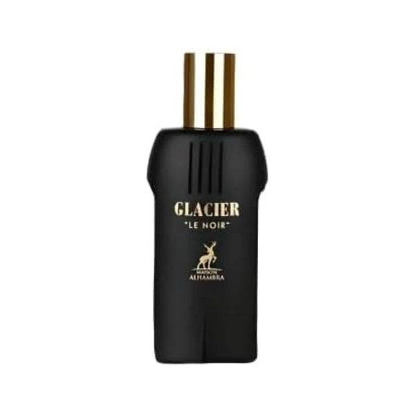 Black perfume bottle with gold cap labeled 'Glacier Le Noir' on a white background