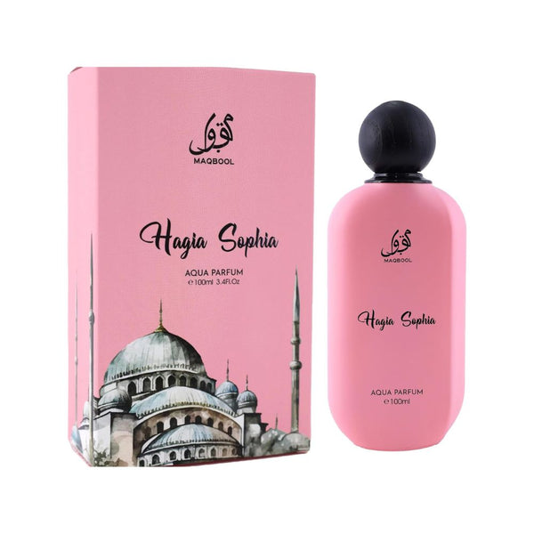 Pink 'Hagia Sophia' Aqua Parfum bottle and packaging with Maqbool branding on a white background.