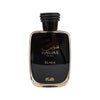 Black perfume bottle with gold text on a white background