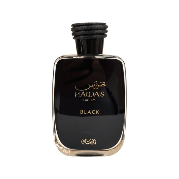Black perfume bottle with gold text on a white background