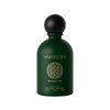 Green perfume bottle with black cap on a white background