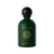 Green perfume bottle with black cap on a white background