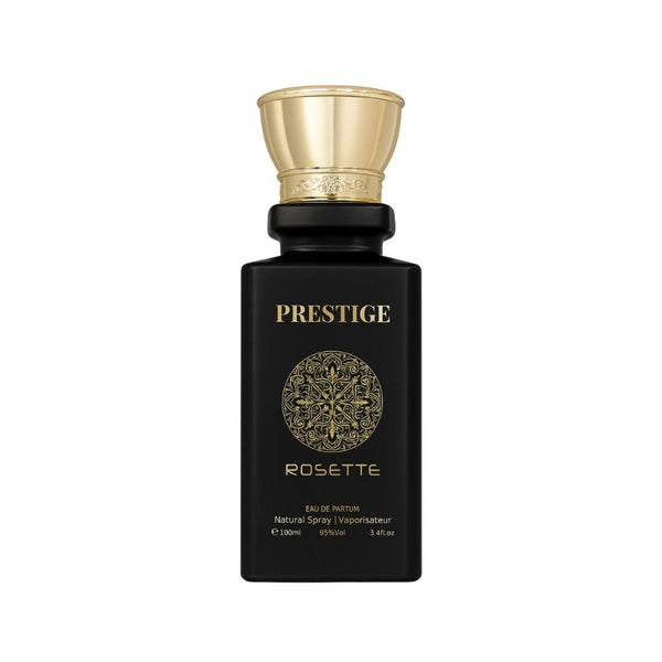 Perfume bottle labeled 'Prestige Rosette' with gold cap on a white background