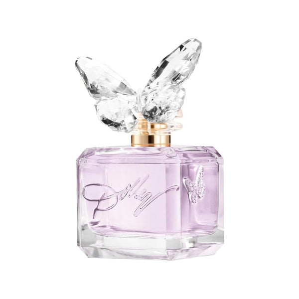 Perfume bottle with butterfly design on a white background