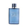 Blue perfume bottle with silver cap on a white background