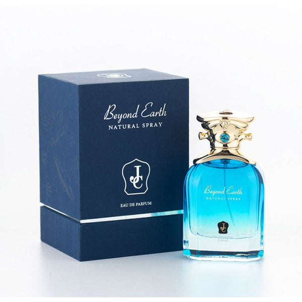 Blue perfume bottle with gold cap and 'Beyond Earth' packaging on a white background