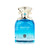Blue perfume bottle with gold cap on a white background