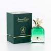 Green perfume bottle with gold cap next to its packaging on a white background