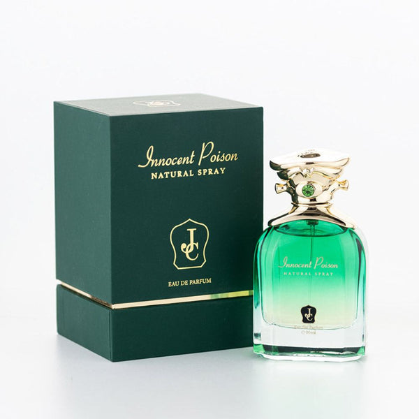 Green perfume bottle with gold cap next to its packaging on a white background
