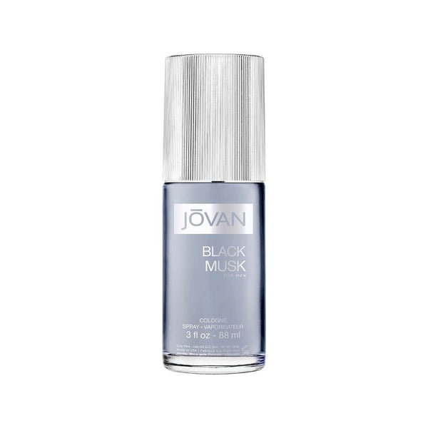 Jovan Black Musk cologne spray bottle on a white background