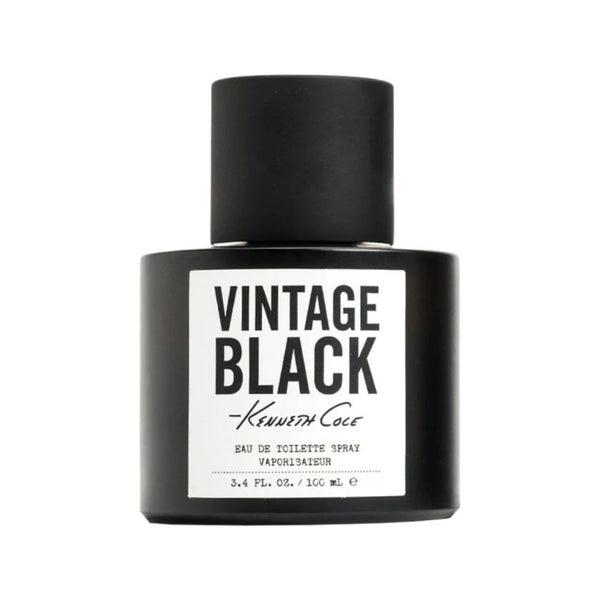 Perfume bottle labeled 'Vintage Black' by Kenneth Cole on a white background