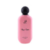 Pink perfume bottle with black cap on a white background