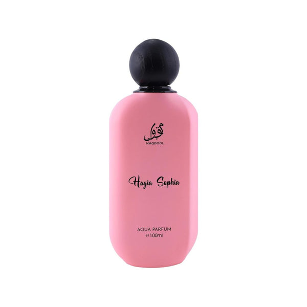 Pink perfume bottle with black cap on a white background