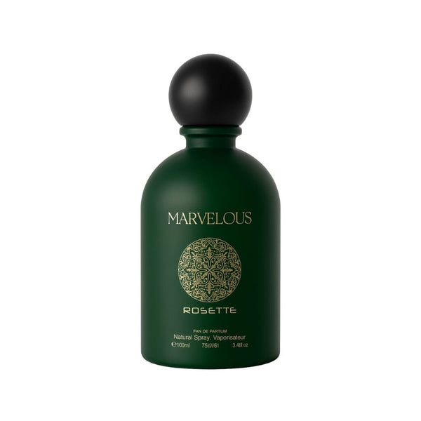 Green perfume bottle with black cap on a white background