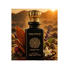 Perfume bottle labeled 'Prestige Rosette' with decorative elements on a warm-toned background