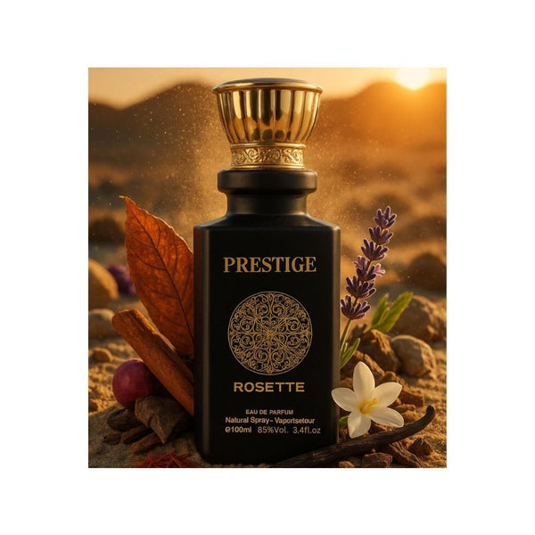 Perfume bottle labeled 'Prestige Rosette' with decorative elements on a warm-toned background